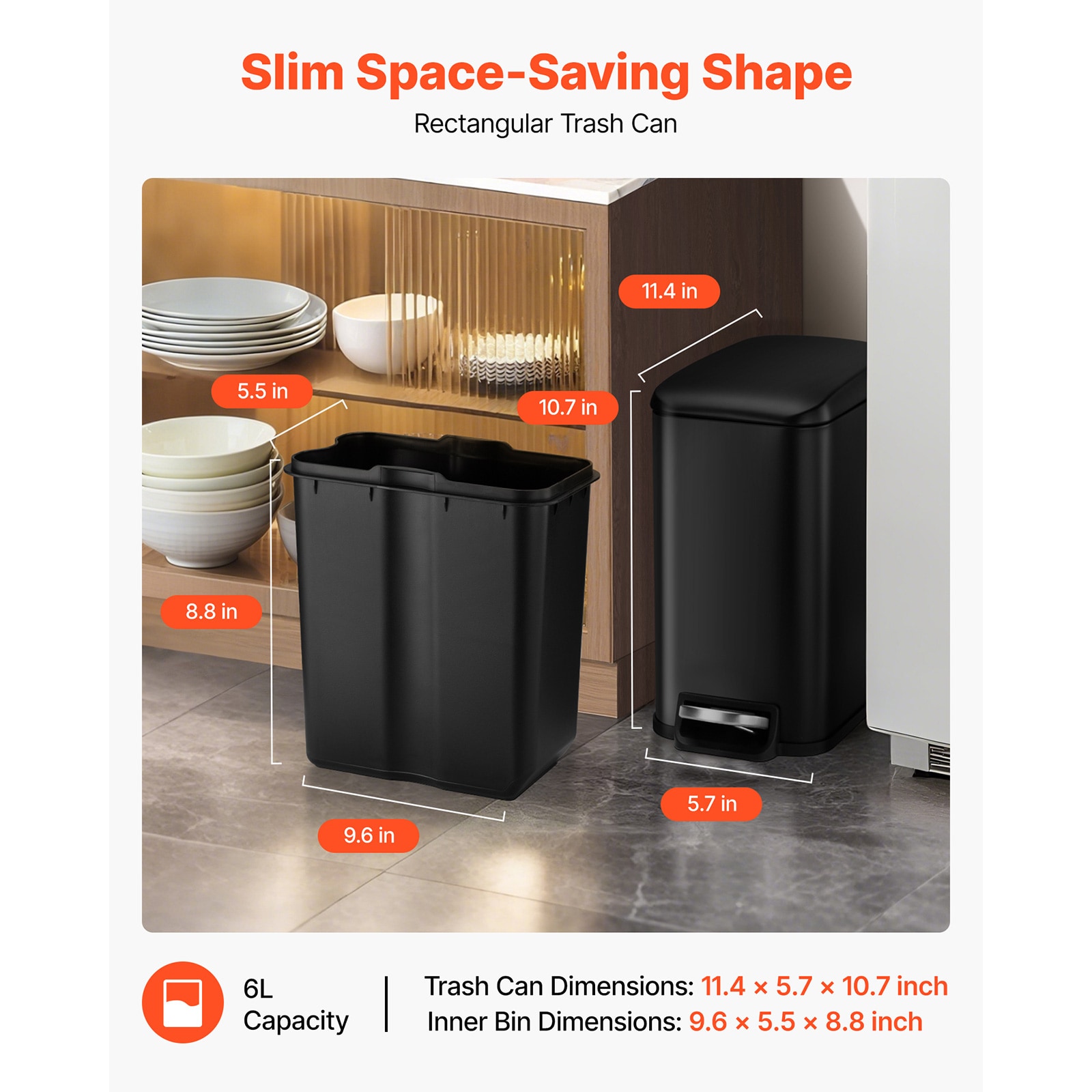 Slim Bathroom Trash Can With Step Pedal And Soft Close Lid Black_voghion.com